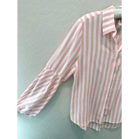 CHICO’S | Pink White Striped Lyocell Button Front Blouse Top | Size 0 Small - Picture 3 of 6